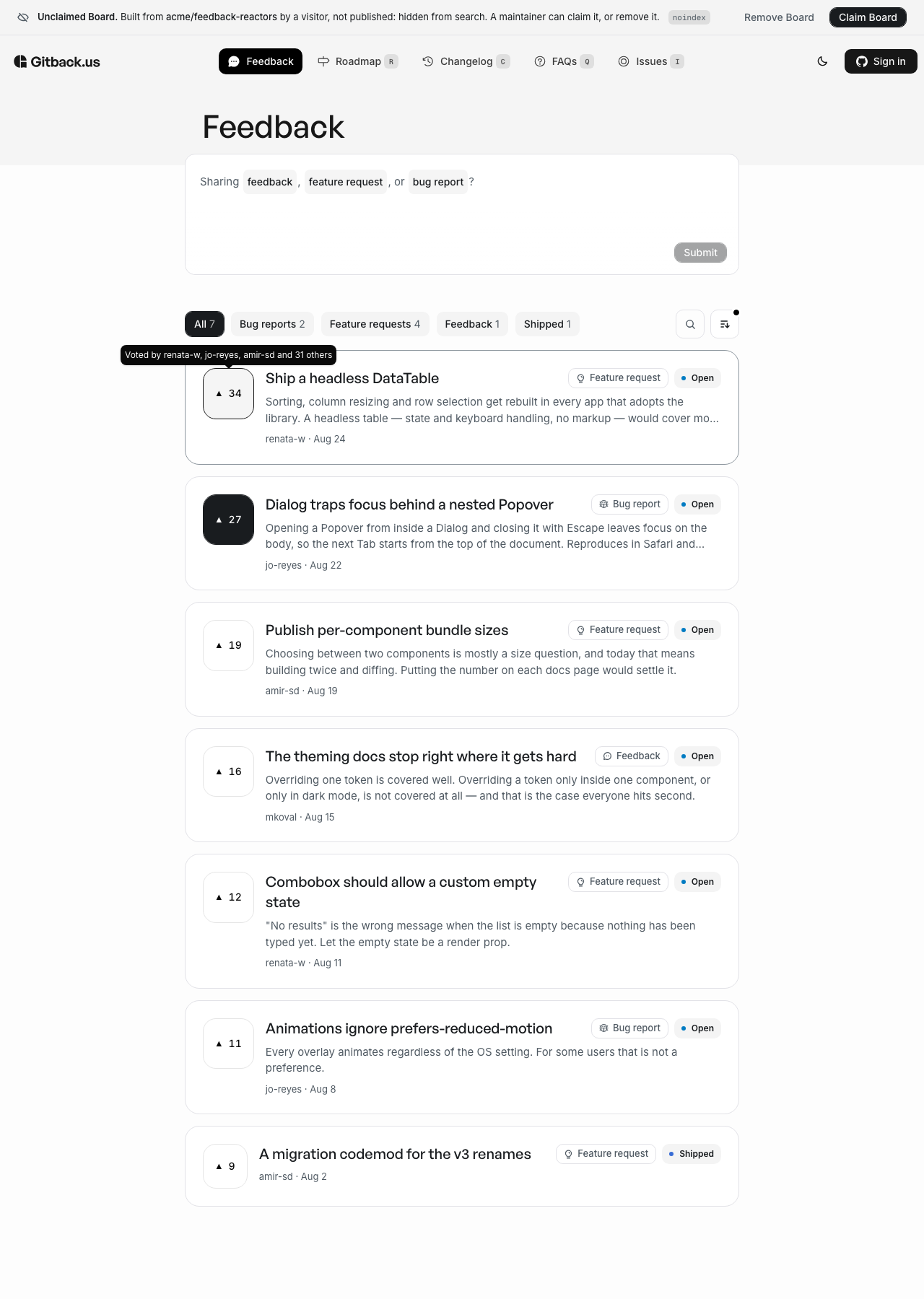 Gitback's feedback Module showing seven posts with vote counts; hovering the 34-vote post lists the GitHub accounts that voted for it